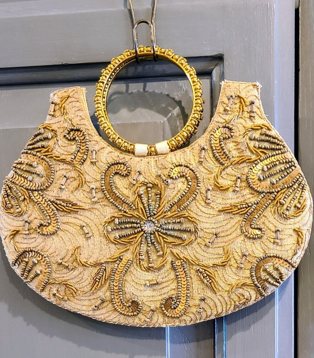 Beaded Embroidered Purse Clutch Gold Bronze Half Moon Shape